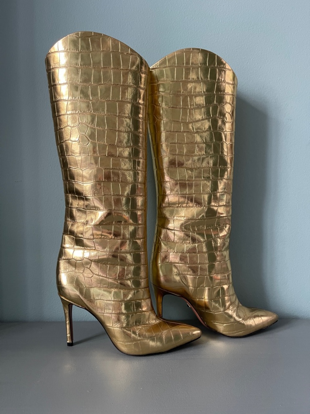 SCHUTZ Gold Croc Embossed Leather Pointed Toe Stiletto Boots